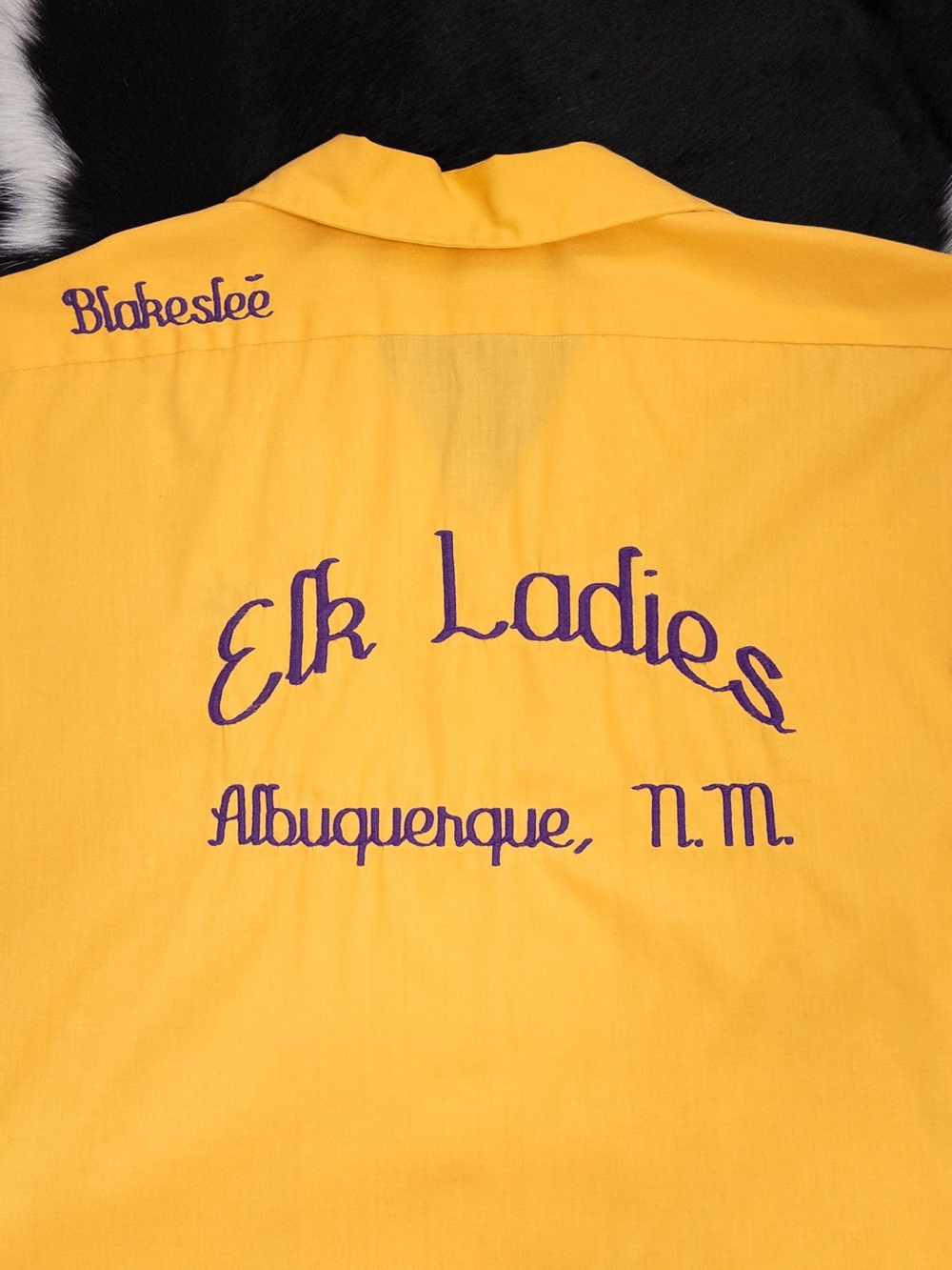 Vintage 60s Hilton Embroidered Bowling Shirt, Size 40, Yellow Purple, Elk Ladies
